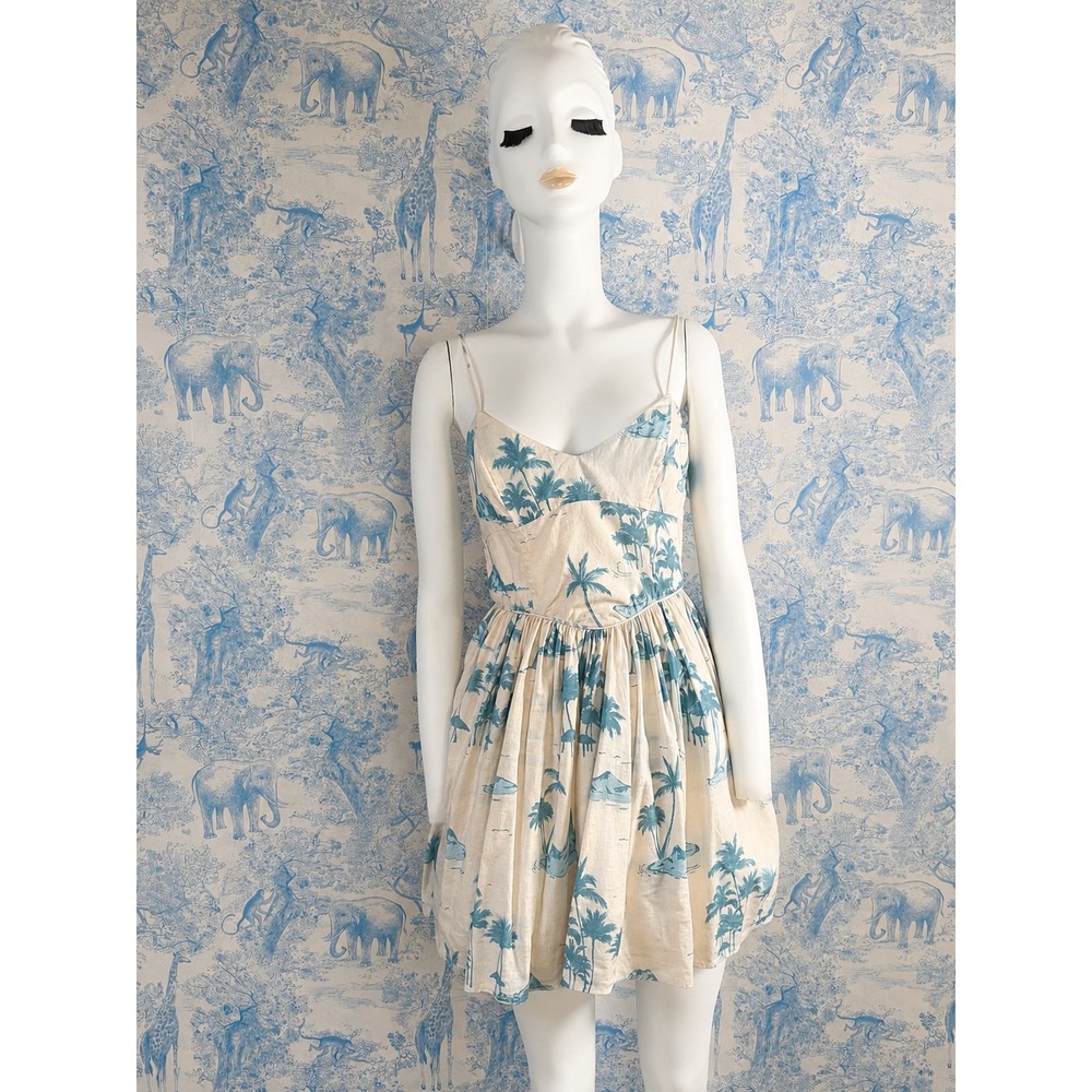 Giani Bini Mini Dress Peach Blue Tropical Palm Tree Print Sun Dress Womens
